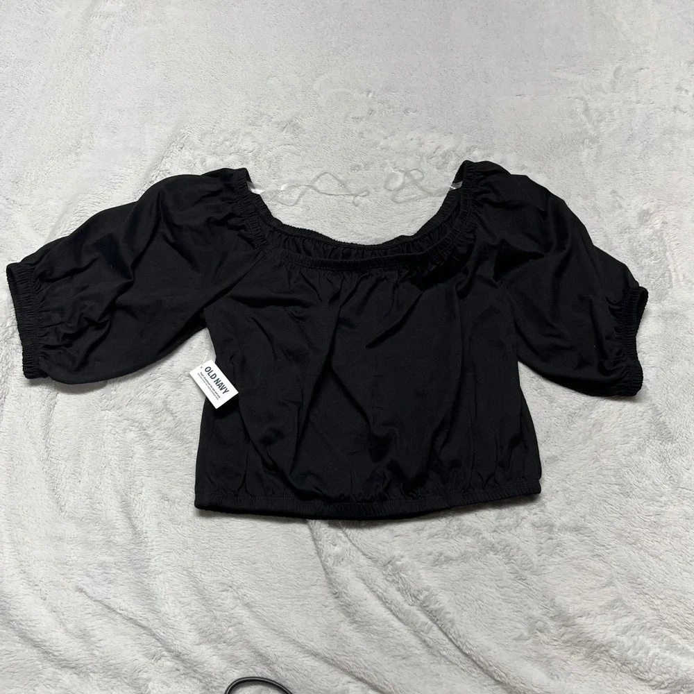 Old Navy Off the Shoulder Blouse Womens Small Black Puff Sleeve Elastic‎ Hem NWT